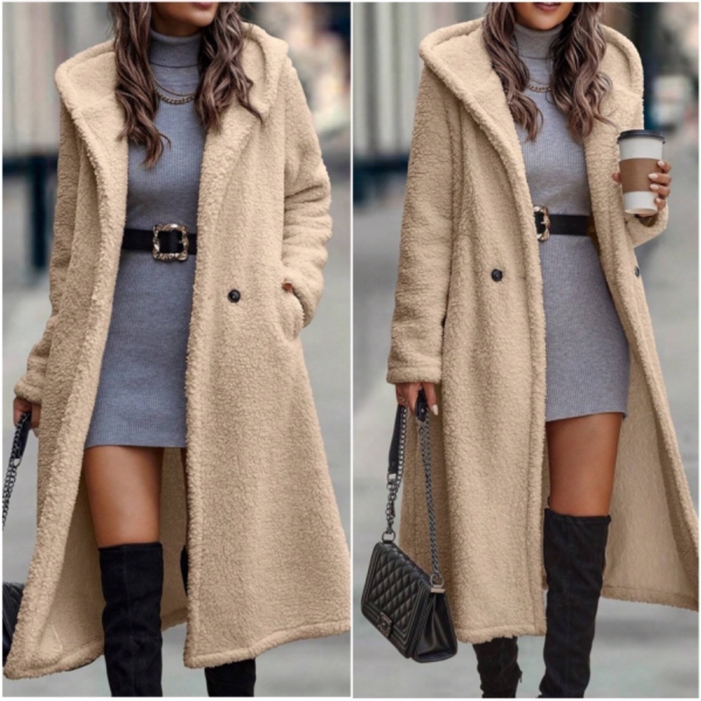 Cozy Teddy Button Hoodie Oversized Long Jacket Coat S M L XL